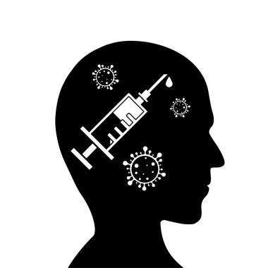 Bir insan kafasının arka planında aşı ve bakteri olan bir şırınga. Vektör çizimi. Bulaşıcı hastalıkların aşılanması ve önlenmesi