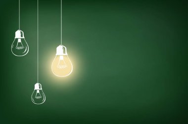 Okul tahtasına ampuller çizilmiş. Mekan için mesaj pankartı. Vektör illüstrasyonu