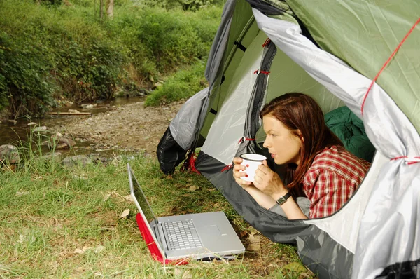 Frau mit Laptop - camping serie Stockbild