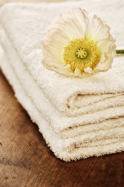 Beauty arrangement, towels with white flower — Stock Photo, Image