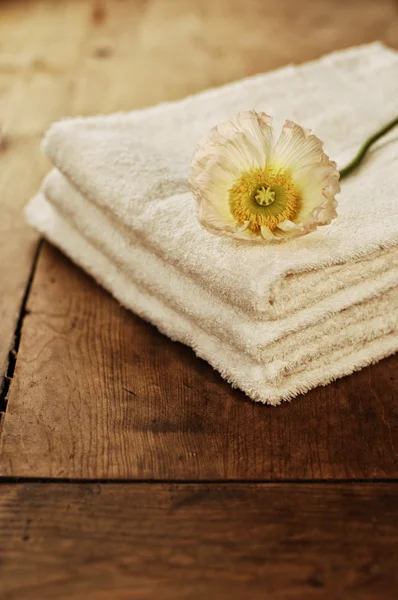 Ομορφιά ρύθμιση, πετσέτες με λευκό λουλούδι — Φωτογραφία Αρχείου