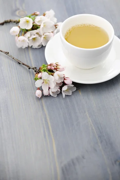 Taza de té verde y flor de cerezo japonés —  Fotos de Stock