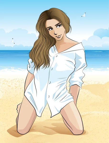 Hermosa chica en una camisa en la playa — Vector de stock