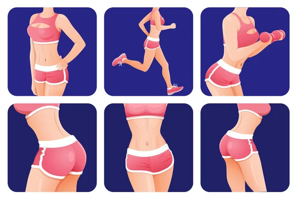 Slanke sportieve vrouw, fitness meisje pictogramserie. volledige lichaamstraining voor vrouwen, fitness apps pictogrammen instellen. Hardlopen, training in de fitnessruimte met halters, abs, kont, biceps, stretching en vermagering. — Stockvector