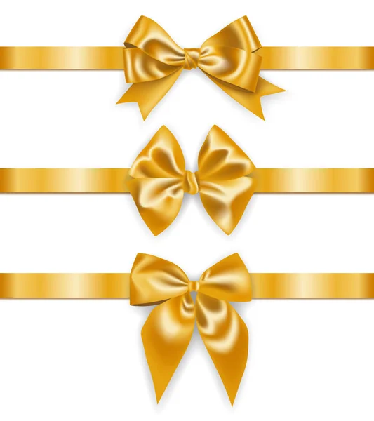 Set of realistic golden ribbons with bows, decoration for gift boxes, design element — Stock Vector