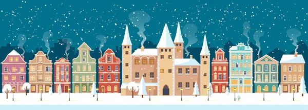 Снежная рождественская ночь в уютной городской панораме с замком. Зимний сельский пейзаж, плоский стиль, векторная иллюстрация — стоковый вектор