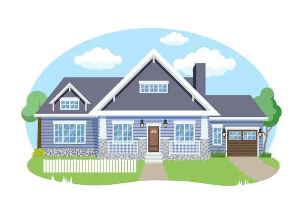 Cartoon huis buitenkant met blauwe bewolkte hemel Front Home Architectuur Concept Flat Design Style. Vector illustratie van de gevel gebouw — Stockvector