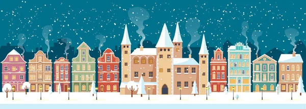 Noche de Navidad nevada en el acogedor panorama de la ciudad con castillo. Paisaje del pueblo de invierno, estilo plano, ilustración vectorial — Archivo Imágenes Vectoriales