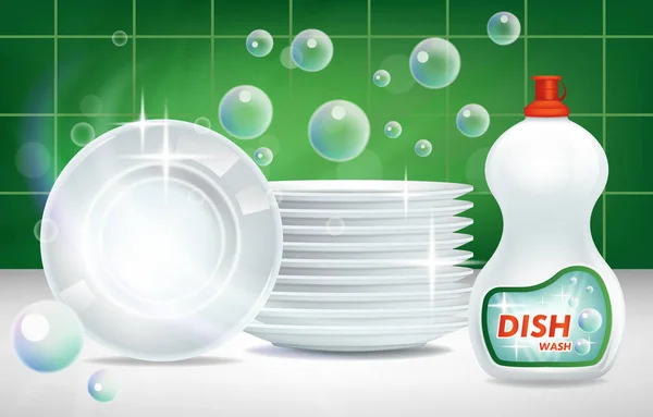 Mýdlo čisté lesklé talíře a mycí prostředek na nádobí v balení, mokup reklama, vektorové ilustrace. — Stockový vektor