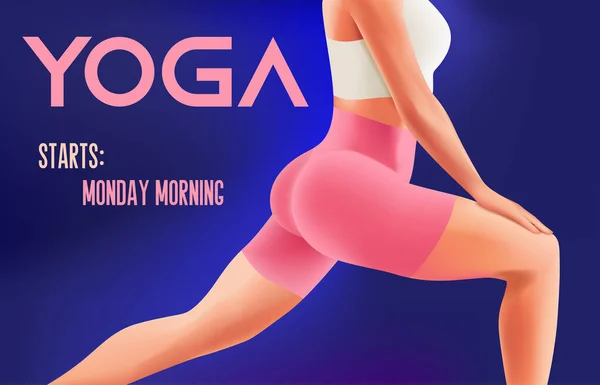 Банерний плакат фітнес-класу йоги з тонким жіночим тілом у рожевому спортивному одязі топ та шортах, реклама онлайн-курсу, вектор — стоковий вектор