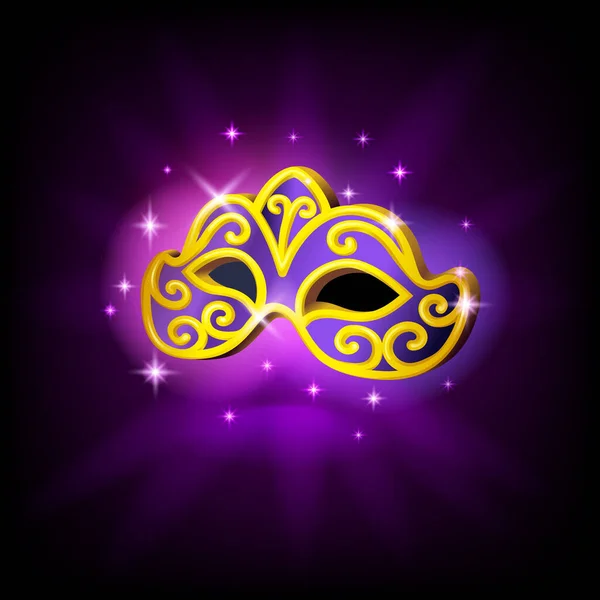 Beautiful gilded carnival mask icon for video game or mobile application, dark space background. Fancy Dress mask vector illustration in cartoon style. — стоковый вектор