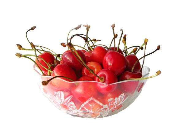 Isolated cherries in glass bowl — Stock Photo, Image