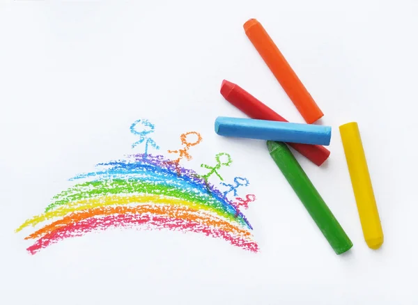 Crayons and kids drawing on white background — Stock Photo, Image