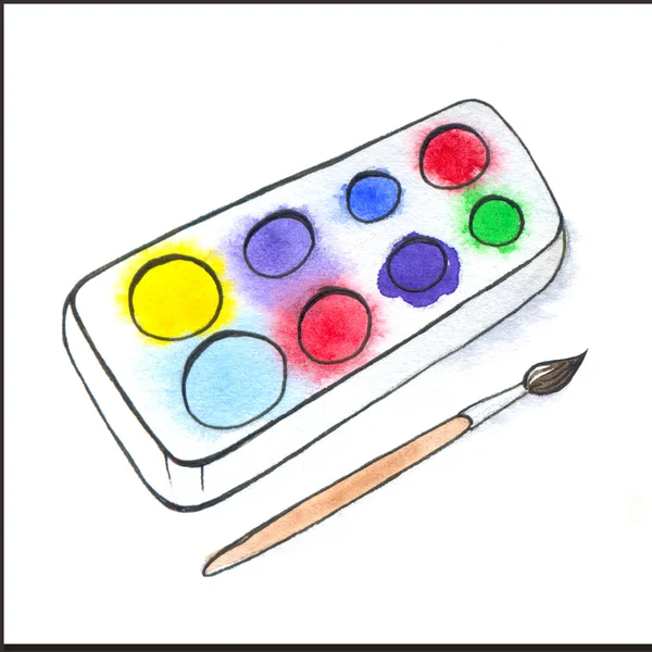 Sulu Boya paintbox ve painbrush çizimi — Stok fotoğraf