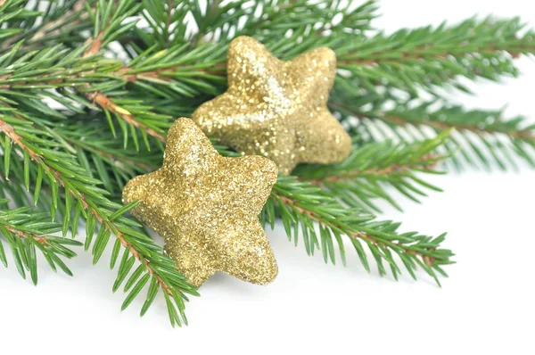 Christmas fir tree and glitter stars isolated on white backgroun — Stock Photo, Image