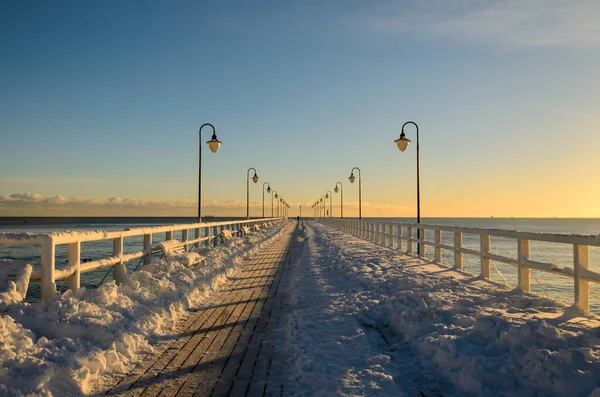 Molo Coperto Neve Gdynia Orlowo Paesaggio Invernale Mar Baltico Polonia — Foto Stock