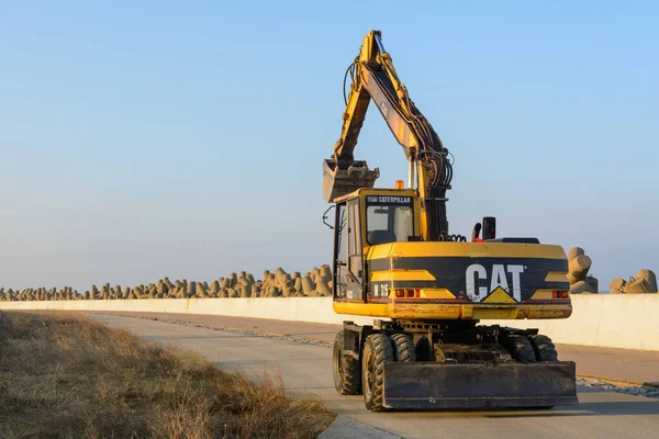 Wladyslawowo Polonia Enero 2017 Excavadora Cat Que Regresa Construcción Muelle —  Fotos de Stock