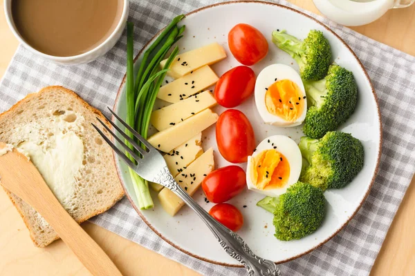 Comida Saudável Para Pequeno Almoço Conjunto Vegetais Frescos Produtos Lácteos — Fotografia de Stock