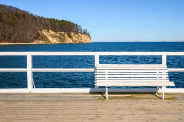 Gdynia Orlowo 'daki uçurum ve Baltık Denizi manzaralı rıhtımlar. Polonya