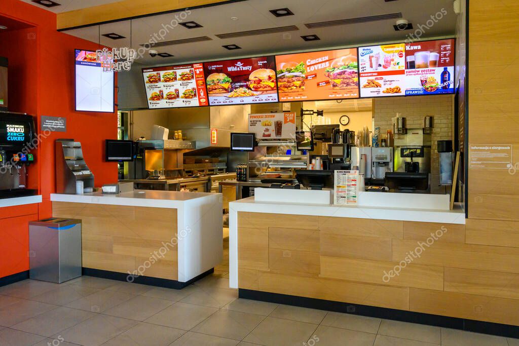 Otloczyn, Poland - June 3, 2022: Burger King restaurant interior near the highway in Poland. Burger King is a global chain of hamburger fast food restaurants.