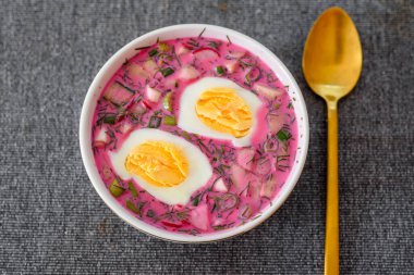 Yumurtalı ve taze sebzeli pancar çorbası. Yaz boyunca popüler Polonya ve Ukrayna yemekleri