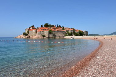 Sveti Stefan, Montenegro - June 6, 2022: The world famous Sveti Stefan beach in Montenegro, Europe