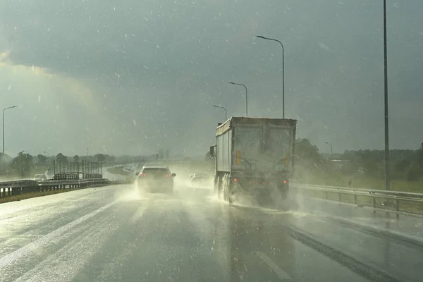 Cars Highway Rainy Day Lots Water Drops Concept Safe Driving — Stockfoto