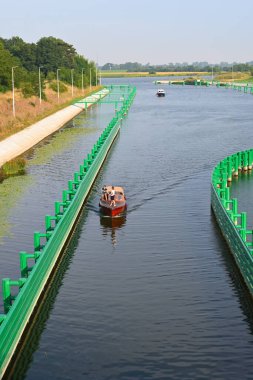 Przegalina, Poland - August 14, 2022: The canal of the Przegalina sluice for ships sailing at different water levels between the Vistula and the Martwa Wisla. Poland