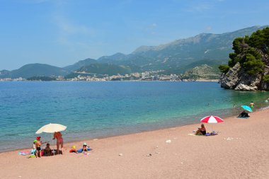 Sveti Stefan, Montenegro - June 6, 2022: Sveti Stefan beach, one of the most beautiful beaches in Montenegro. Europe