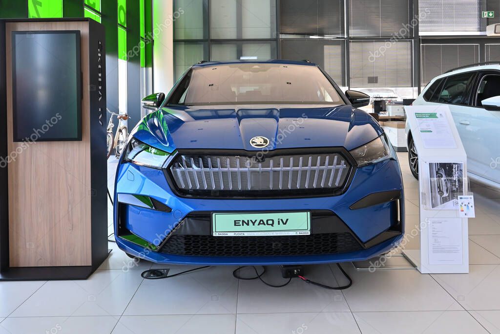 Gdansk, Poland - August 27, 2022: New model of Skoda Enyaq IV electric SUV presented in the car showroom of Gdansk
