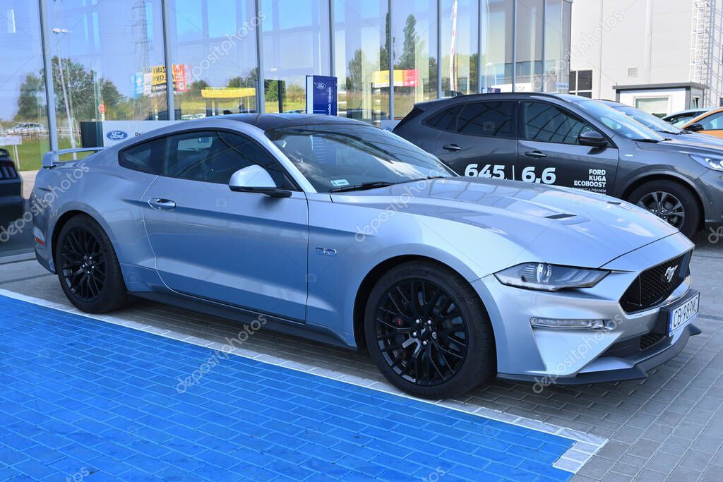 Gdansk, Poland - August 27, 2022: New model of Ford Mustang presented in the car showroom of Gdansk