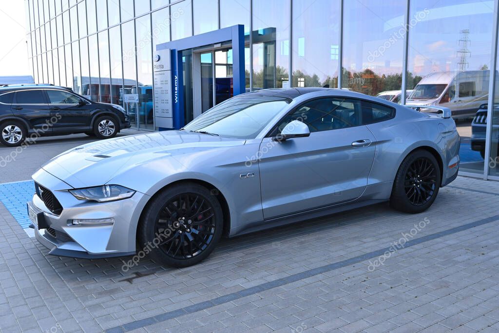 Gdansk, Poland - August 27, 2022: New model of Ford Mustang presented in the car showroom of Gdansk