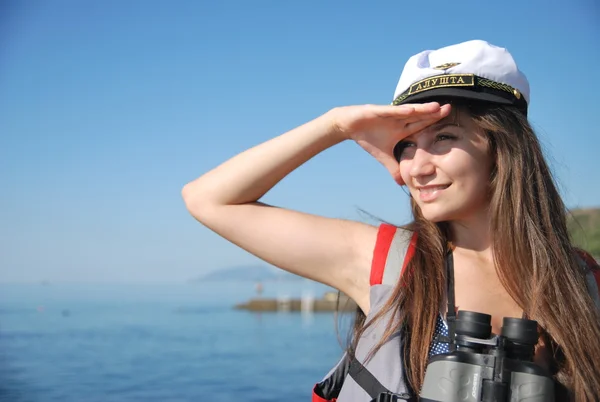 Young girl posing in a sea athletes on the coast of the Black Sea in Crimea — Stock Photo, Image