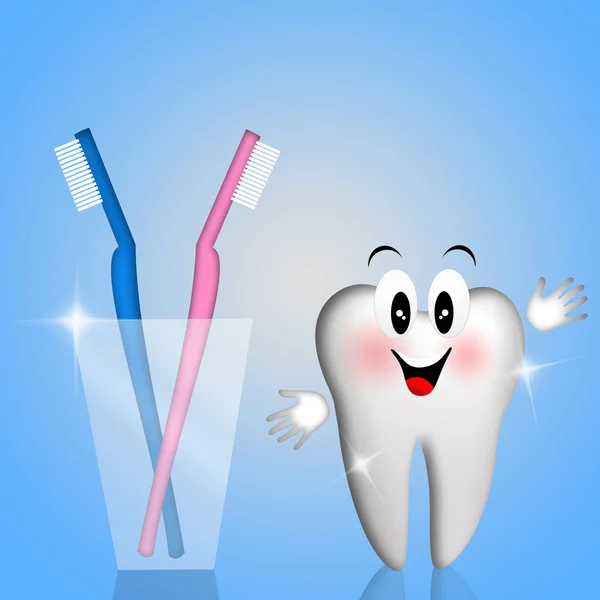 Tooth for dental care with toothbrush — Stock Photo, Image