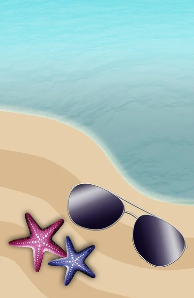 Scène de plage avec étoiles de mer et lunettes de soleil — Photo