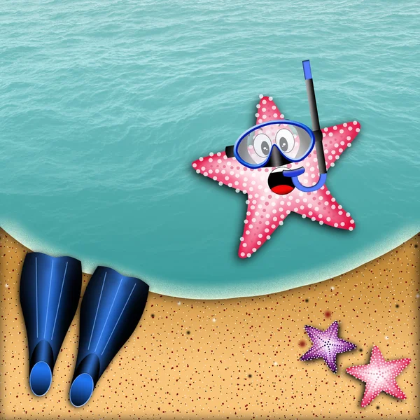 Морская звезда в маске для подводного плавания — стоковое фото