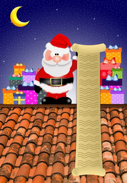 Papai Noel no telhado com presentes — Fotografia de Stock