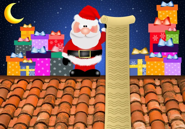 Santa en el techo con regalos — Foto de Stock