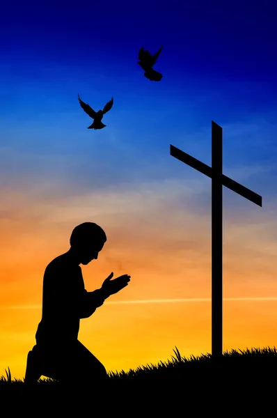 Man Praying Under The Cross — Stock Photo, Image