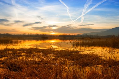 View of Iseo lake with chemtrails in the sky at sunset clipart