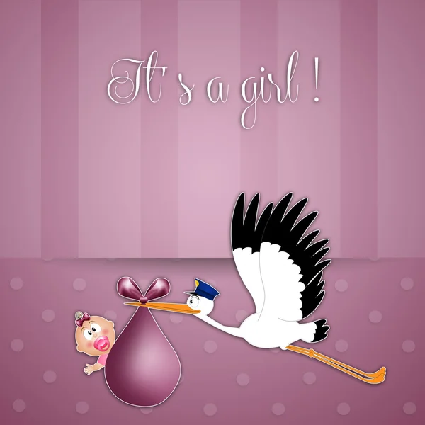 Stork with baby girl for newborn — Stock Photo, Image