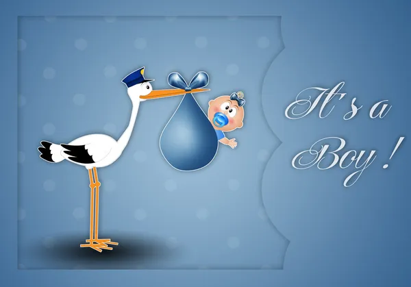 Newborn postcard with stork and baby boy — Stock Photo, Image