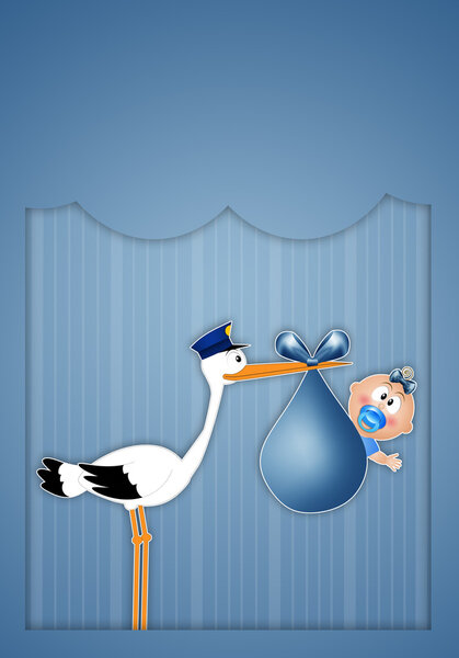 Newborn postcard with stork and baby boy