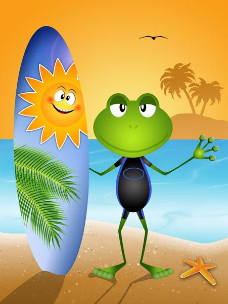 Забавная лягушка с серфером на пляже — стоковое фото