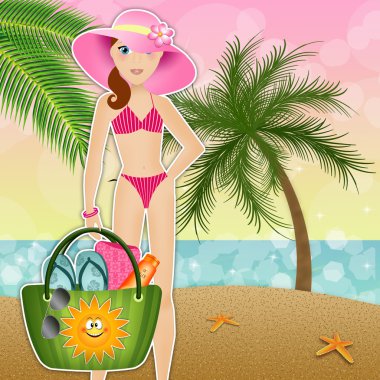 plaj çantası sahilde bir kadınla