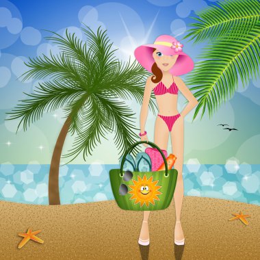 plaj çantası sahilde bir kadınla