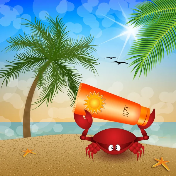 Funny crab with sun lotion on the beach — Stock Photo, Image