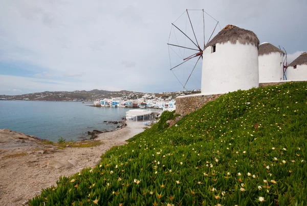 Větrné mlýny v mykonos city — Stock fotografie