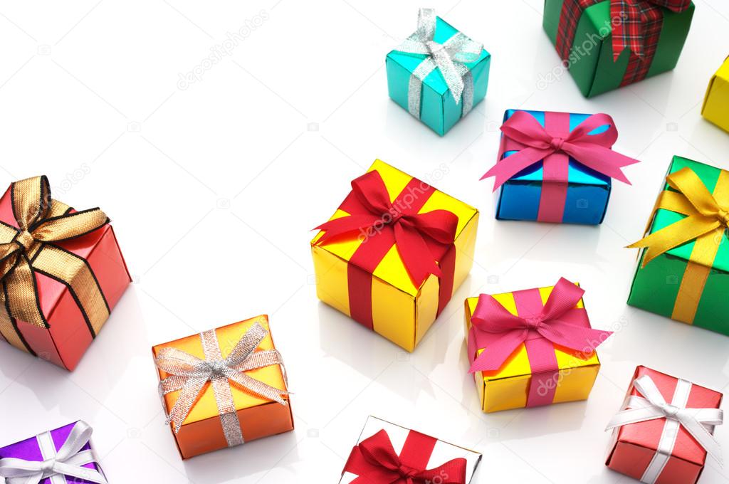Many gifts on white background with copy space.