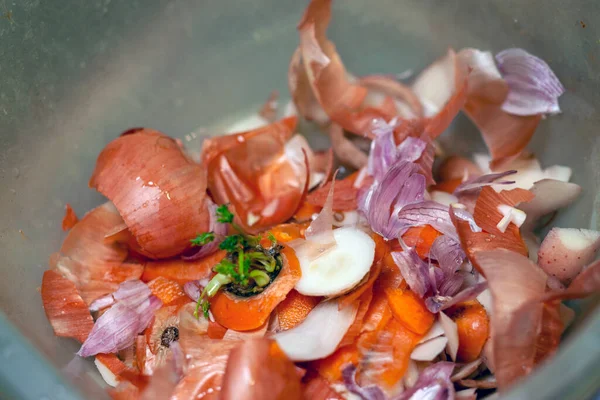 peeled skin of various vegetables in mess, studio macro shot